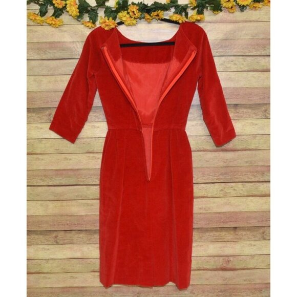 Ladies XS Handmade Red Velvet Midi Sheath Dress Christmas Red Party Winter - Picture 4 of 5